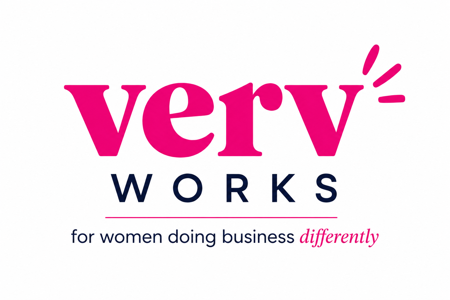 Verv Works logo featuring bold lowercase serif lettering in bright pink with “WORKS” in spaced navy uppercase text underneath. The tagline “for women doing business differently” appears below in navy and pink text on a clean white background. The logo has a modern, confident and feminine business aesthetic.